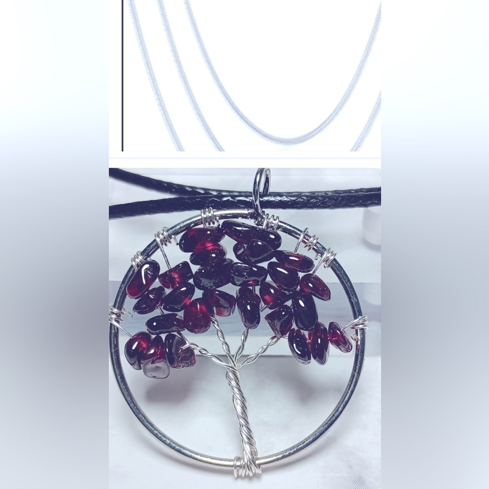 NWOT necklace Garnet stone Tree of Life .925 Sterling sp.18” chain & black cord